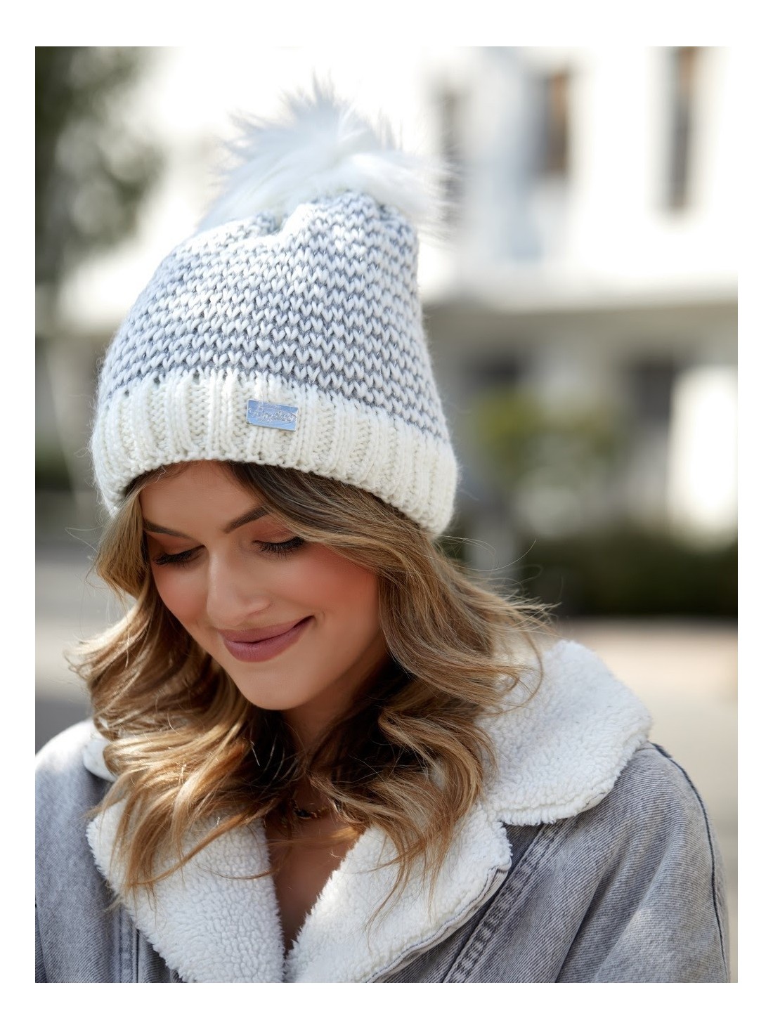 Cream herringbone winter hat C44 - Online store - Boutique